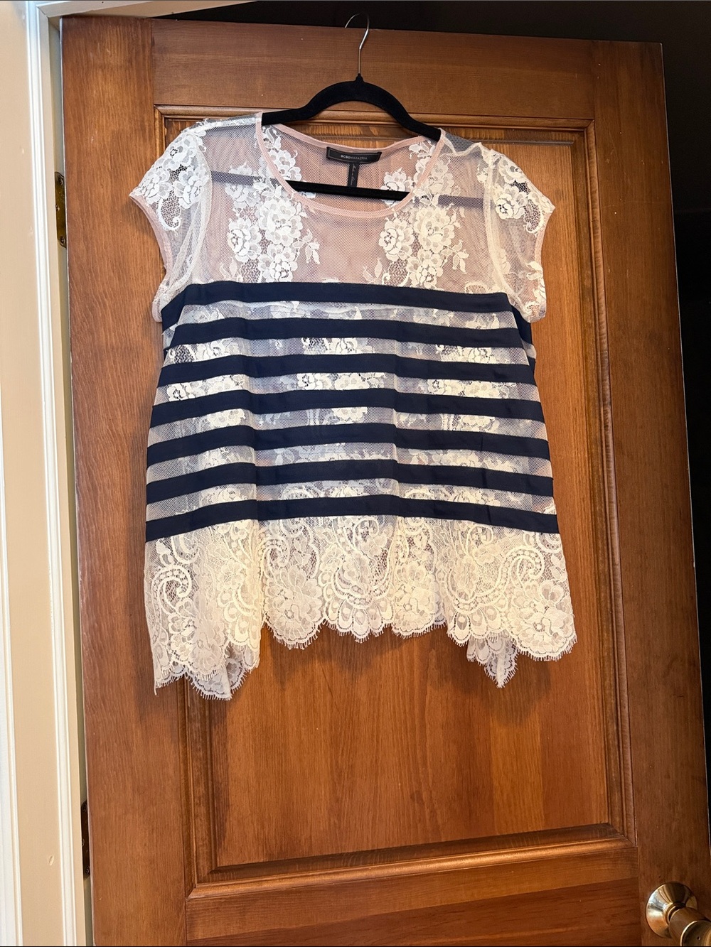 BCBGMaxAzria White Lace Top with Navy Stripes